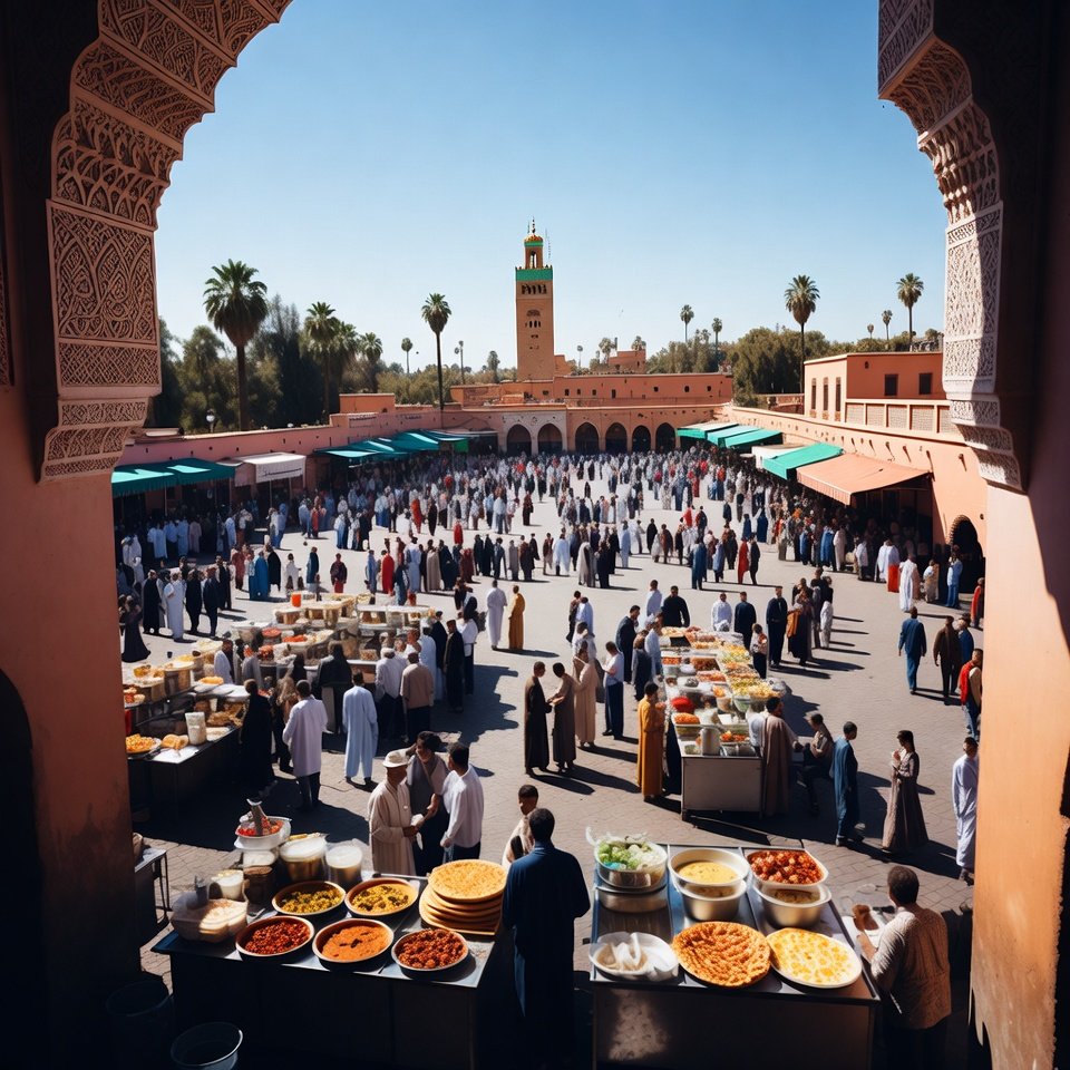 Tourists exploring a Moroccan monument with their guide on a group tour