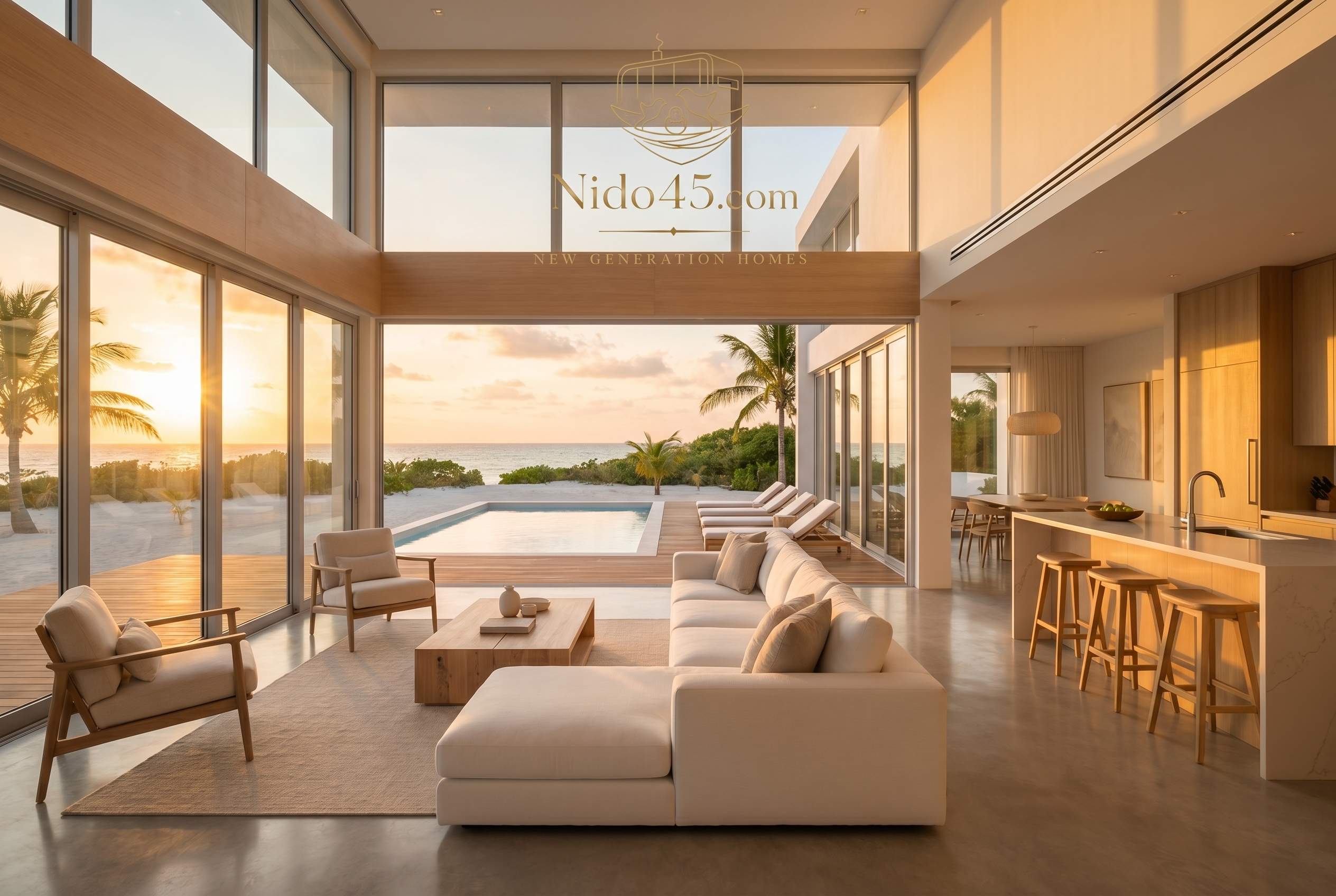 El Águila - Interior planta baja con salón, piscina y vistas al atardecer