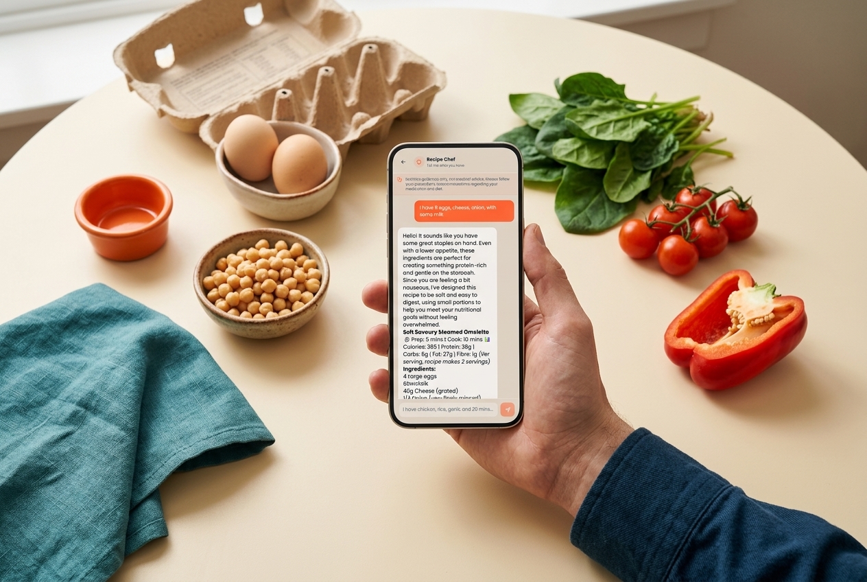 A hand holding the AI Chef recipe phone beside fresh ingredients