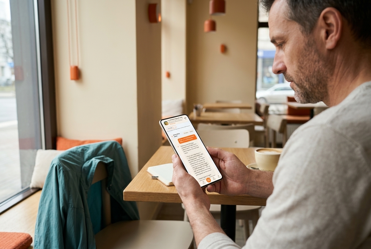 A man using the AI Coach phone while seated at a cafe