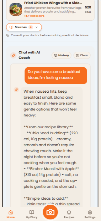 AI Coach conversation with breakfast suggestions for managing nausea