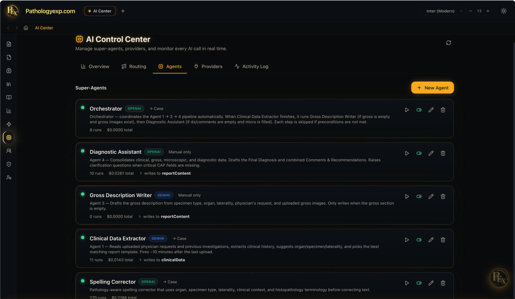 AI Control Center agents tab listing Orchestrator, Diagnostic Assistant, Gross Description Writer, Clinical Data Extractor, and Spelling Corrector super-agents
