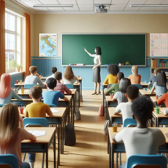 Modern classroom with teacher and students