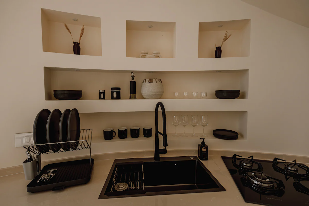 Kitchen detail with curved shelving