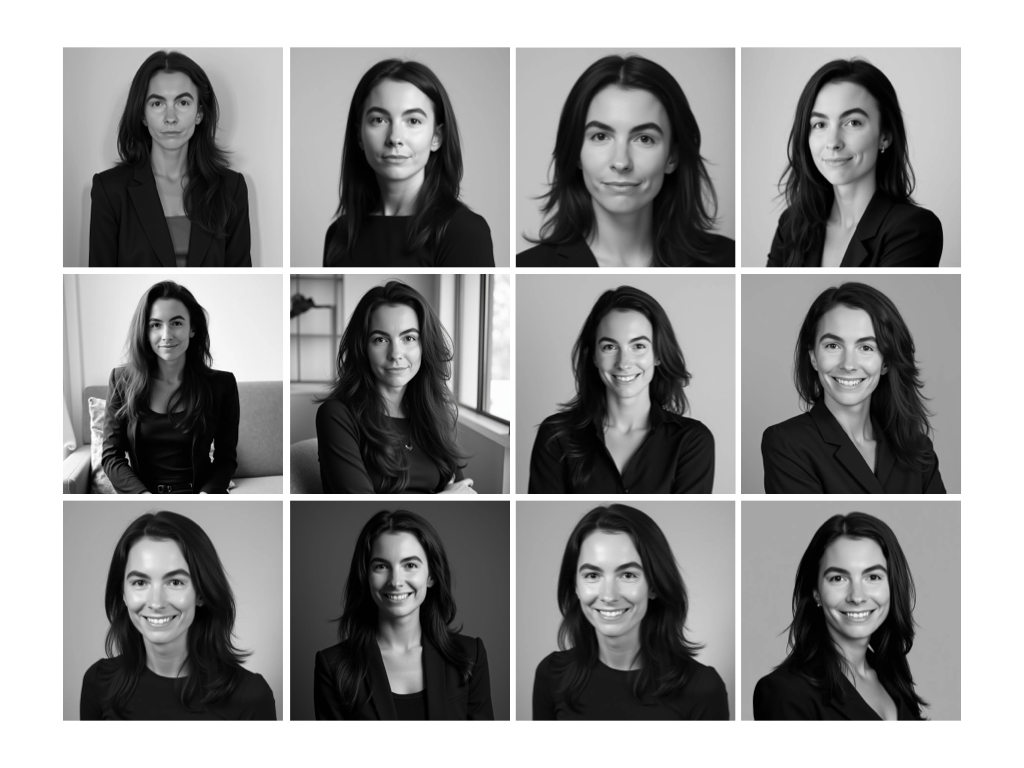 Grid of professional headshots showing subtle variations of the same person with different expressions and poses