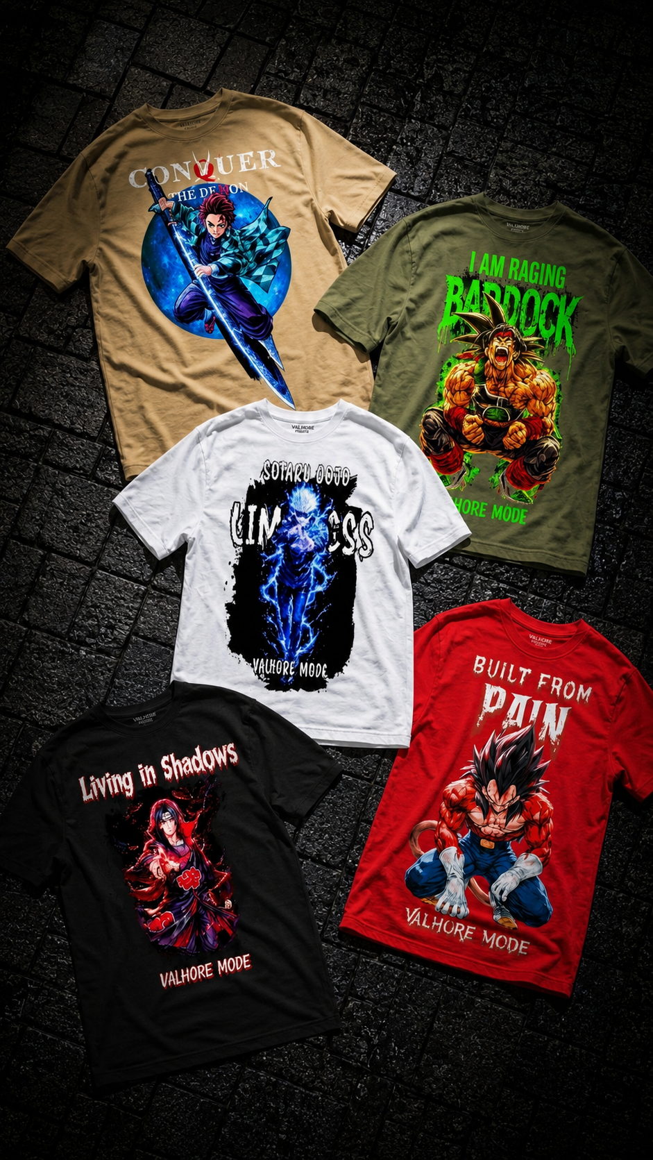 Five Valhore Mode anime oversized t-shirts laid out on dark pavement