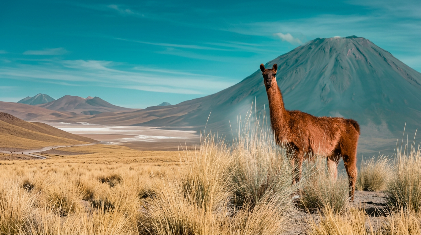 Vicuña en los Andes peruanos con volcán de fondo