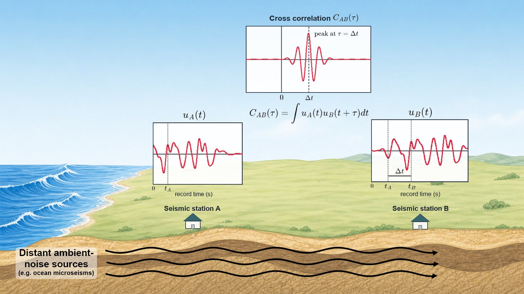 Ambient noise from ocean microseisms reaches two seismic stations; cross-correlation of the station records reveals a time lag.