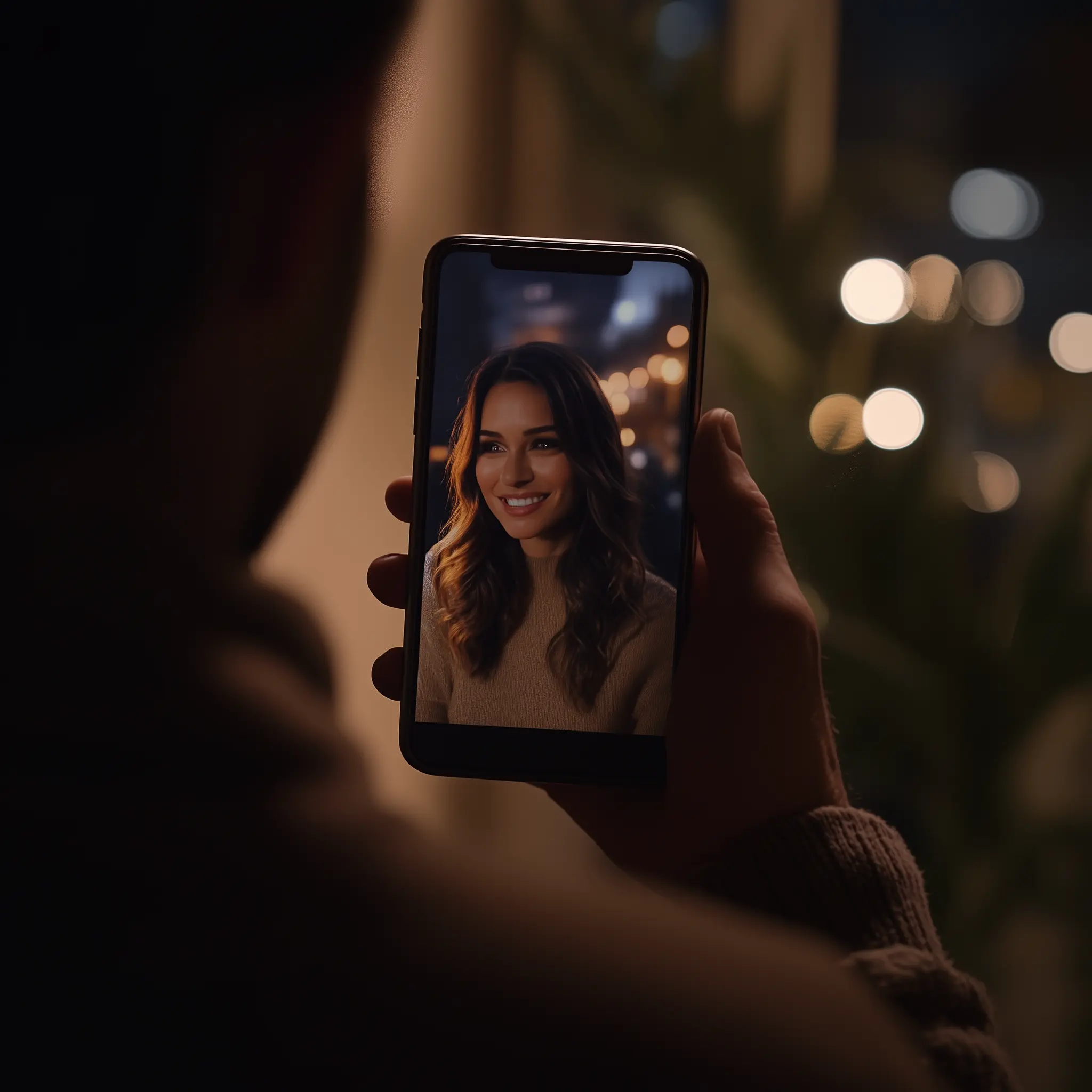 AI girlfriend app interface showing a realistic virtual companion on a smartphone screen in an evening setting - modern AI companion technology demonstration