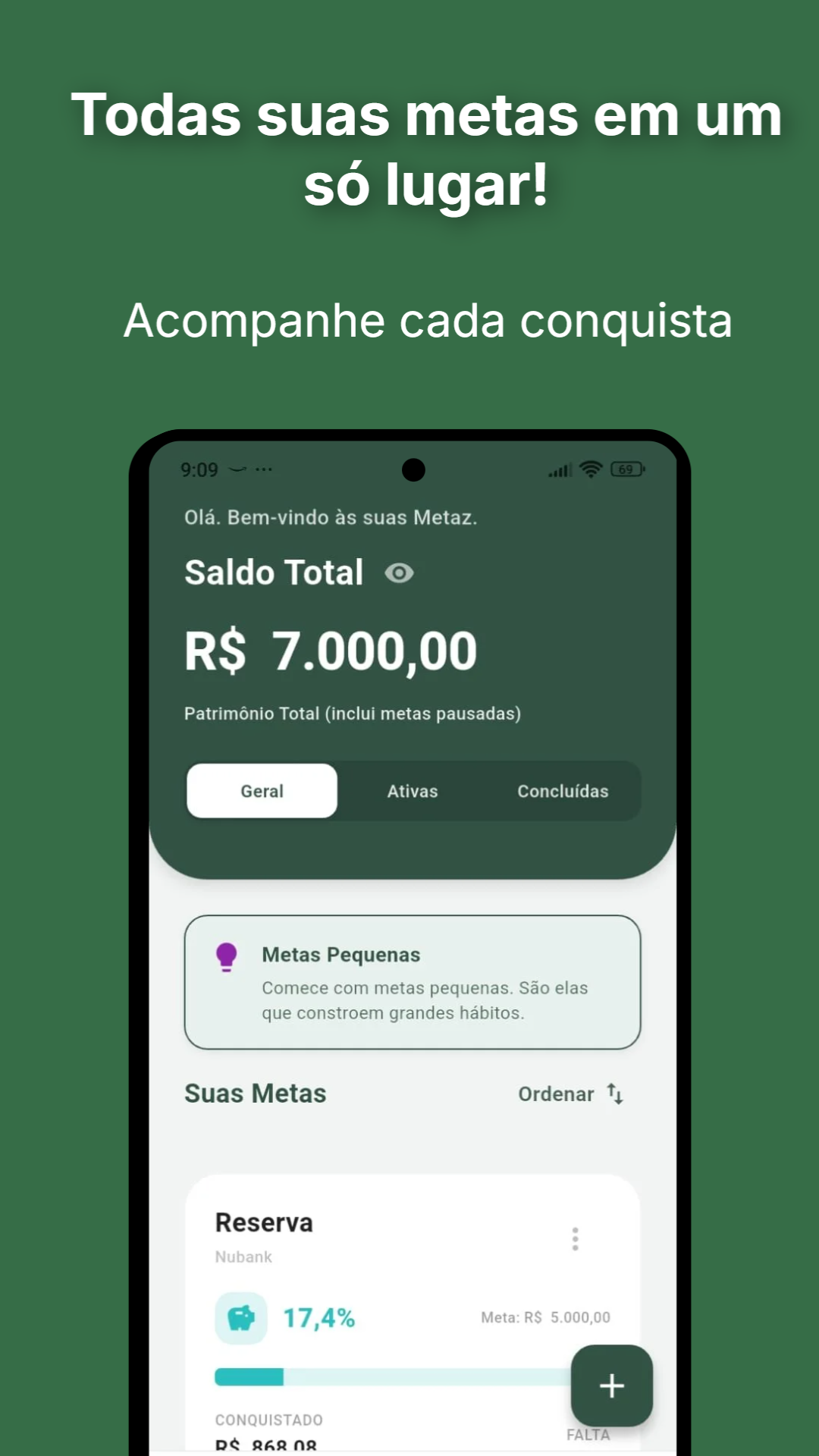 Dashboard do Metaz com saldo total, metas ativas e progresso