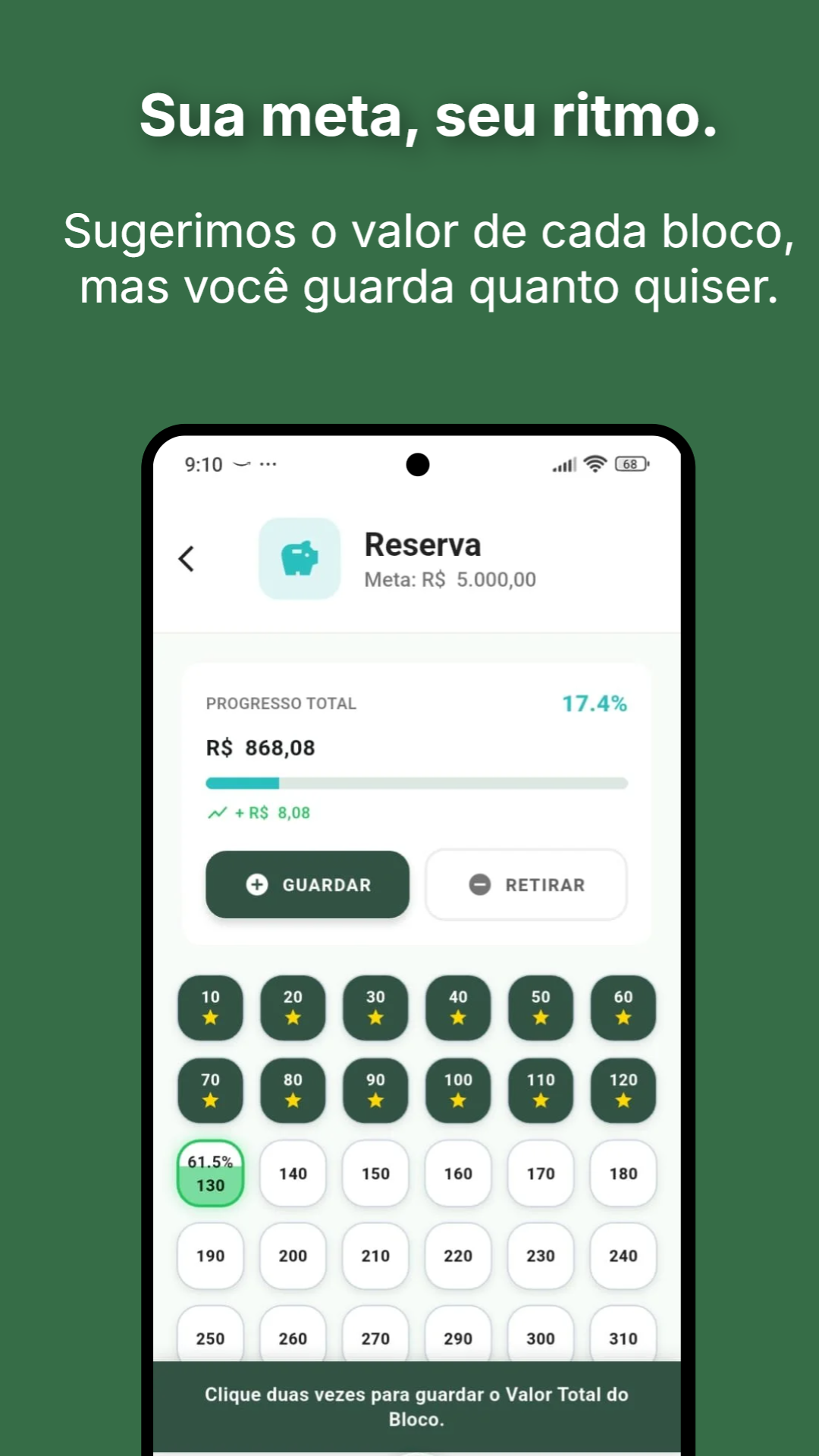 Detalhe de uma meta com grid de blocos e progresso de 17.4%