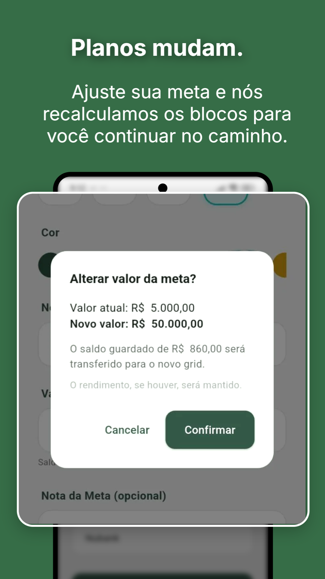 Modal para alterar valor da meta com recalculo automatico dos blocos