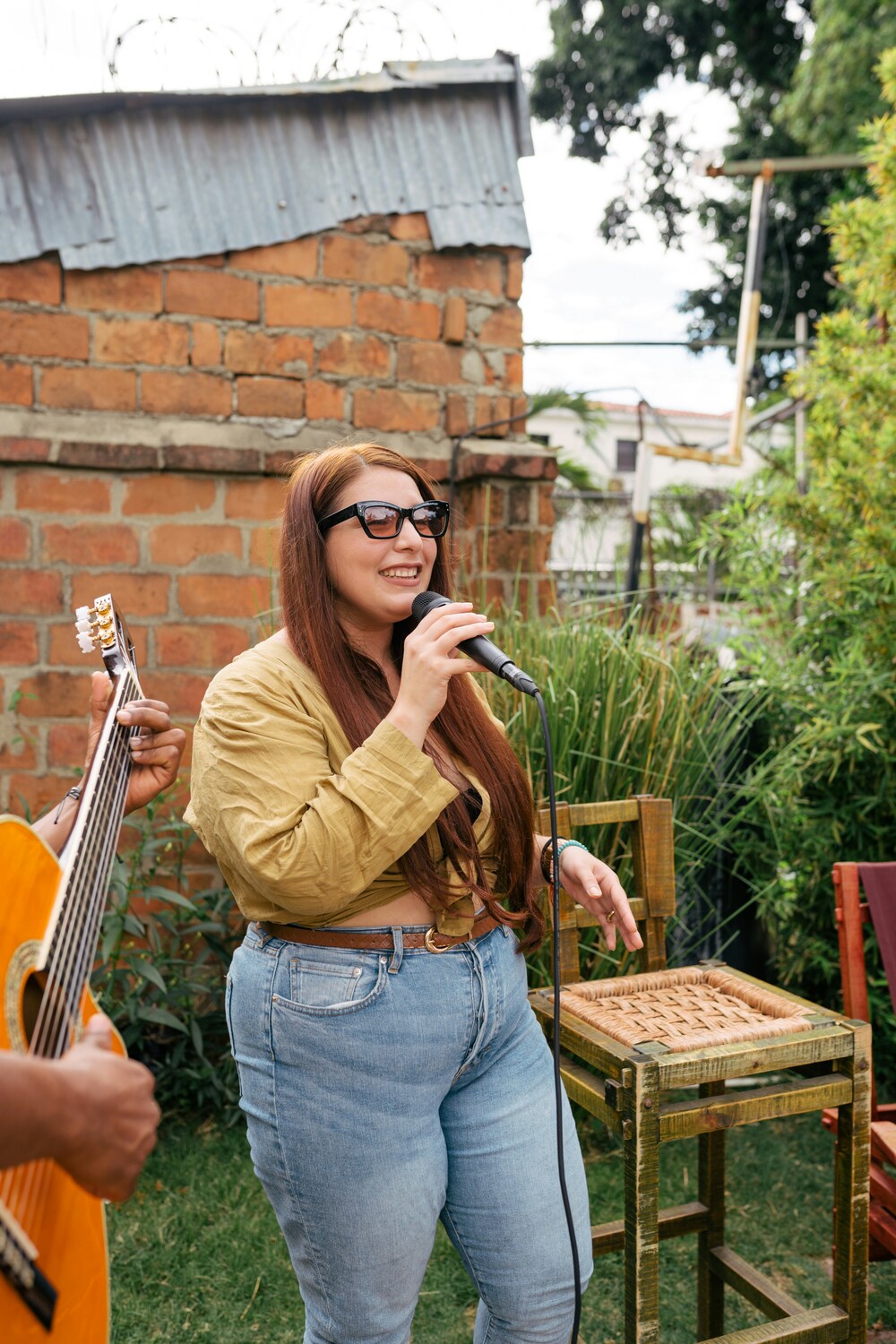 Singer performing with microphone