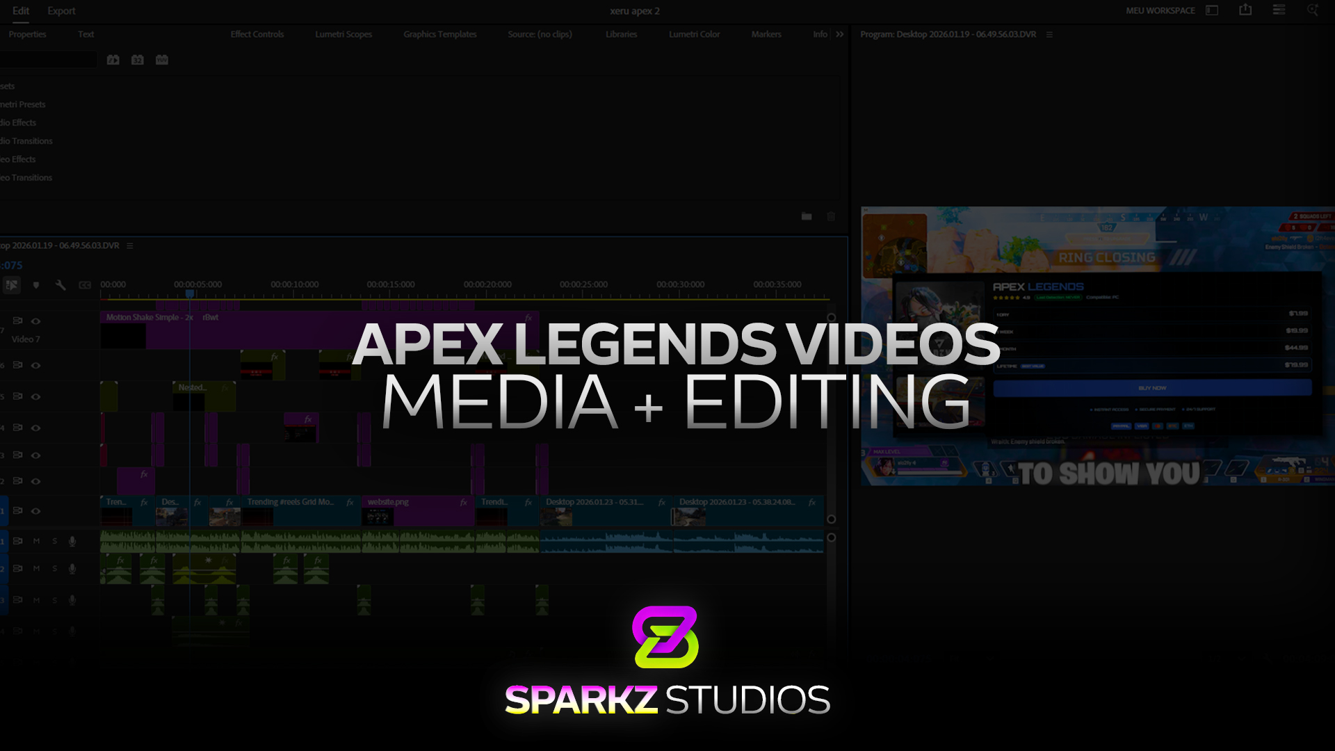 Apex Legends media and editing showcase combining a video timeline with gameplay and website visuals.
