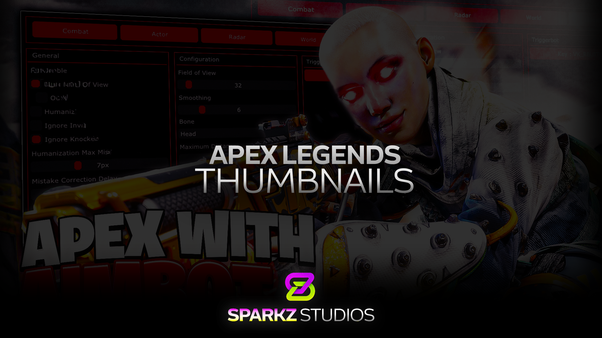 Apex Legends thumbnail showcase featuring a white-jacketed character, a gold weapon, and red interface accents.