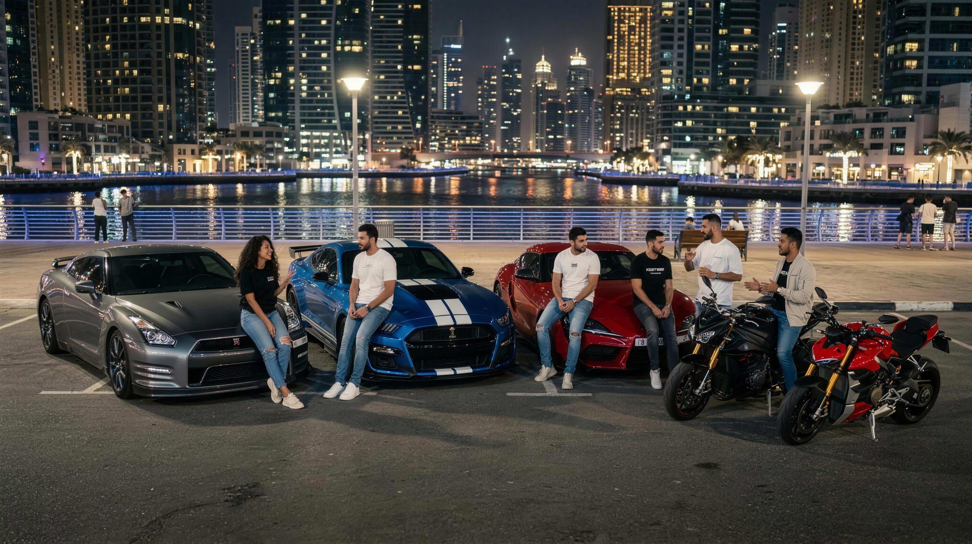 Members gathered around cars at Dubai Marina at night
