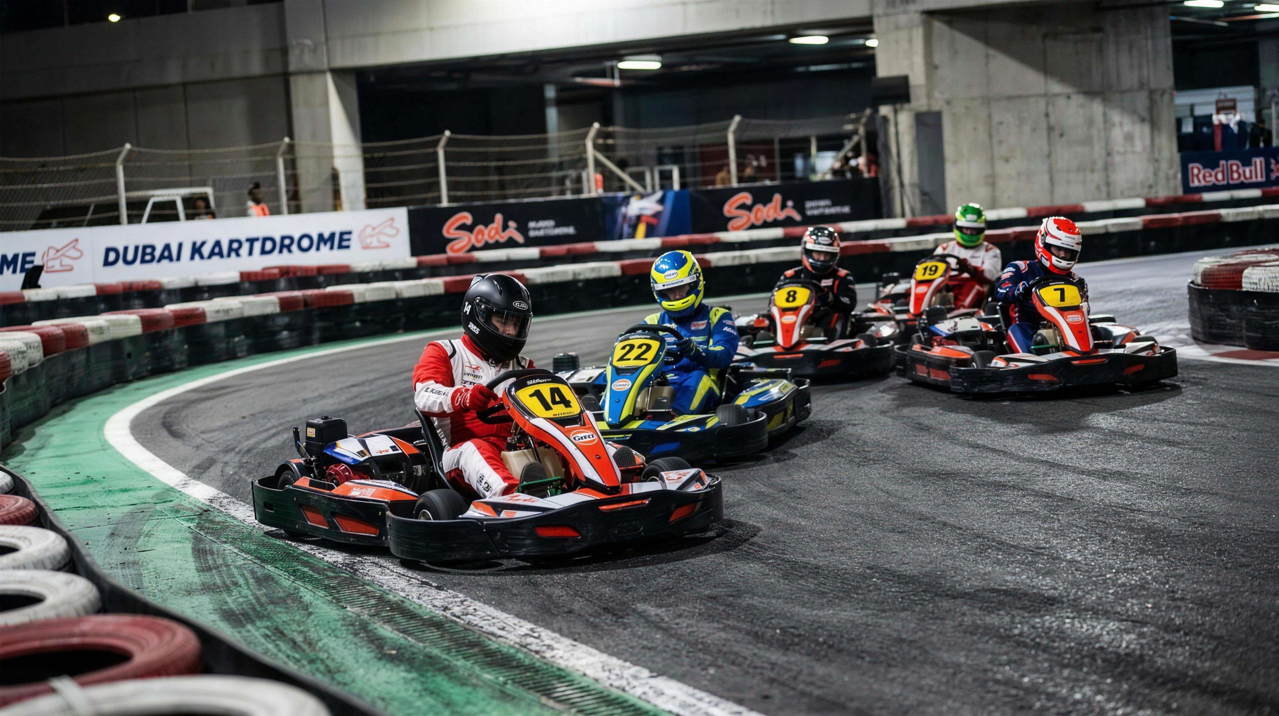 Racing karts mid-corner at Dubai Kartdrome