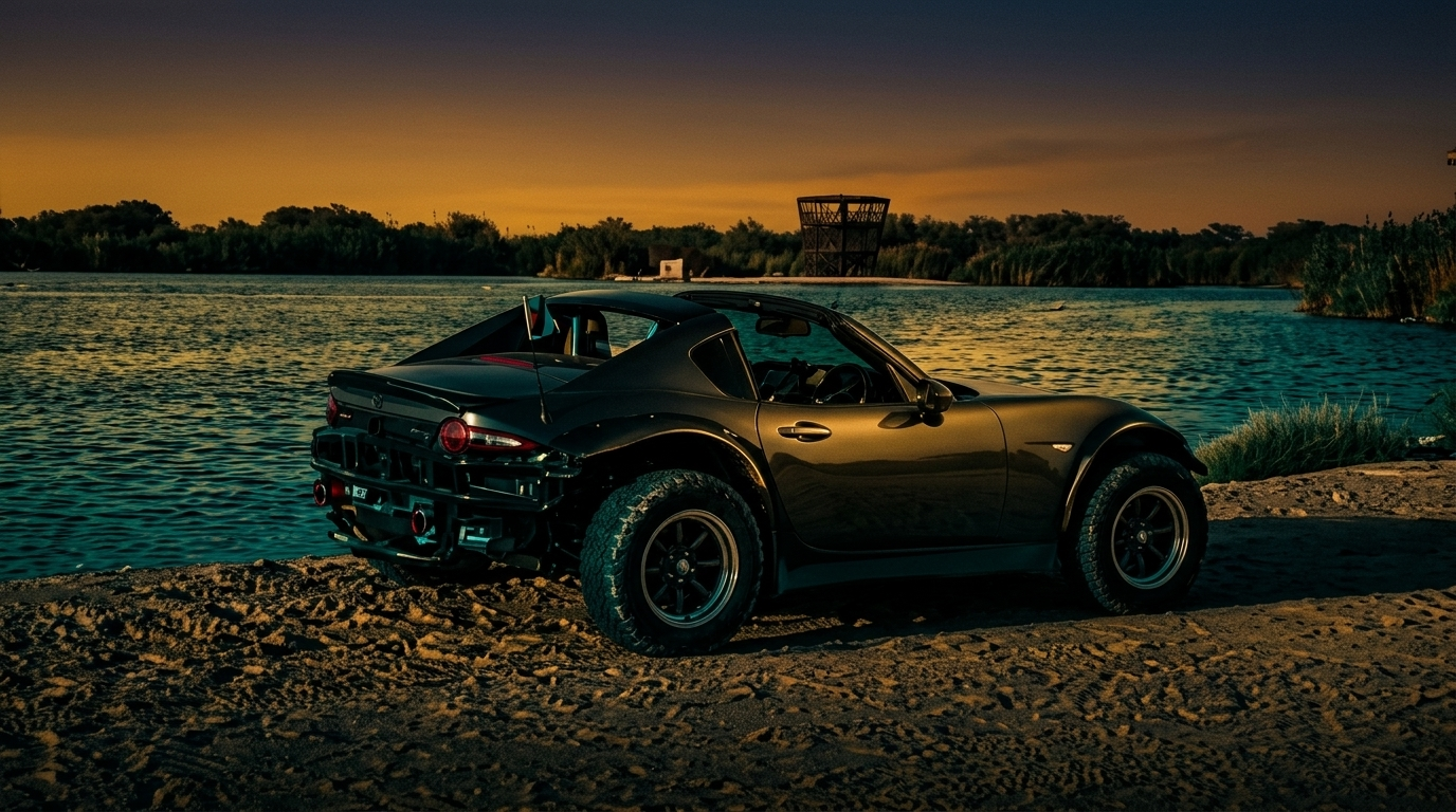 A lifted rally-style roadster on a sandy lakeshore at sunset