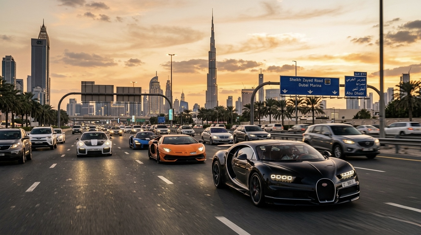 A Bugatti Chiron leading supercars down Sheikh Zayed Road at sunset