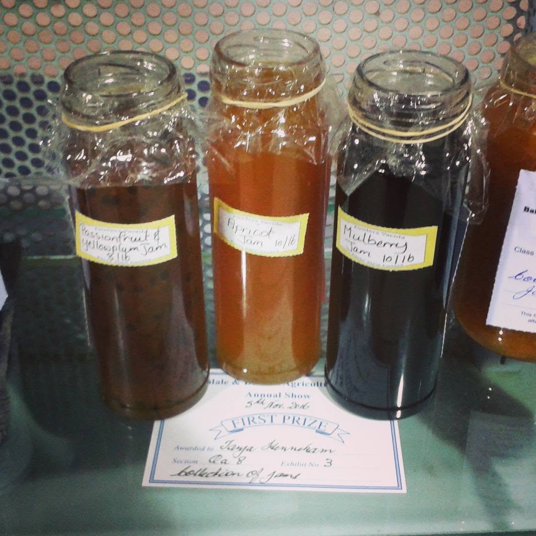 Jars of award-winning homemade jams at Bruthen Tearooms — passionfruit & yellow plum, apricot, and mulberry, with a First Prize ribbon