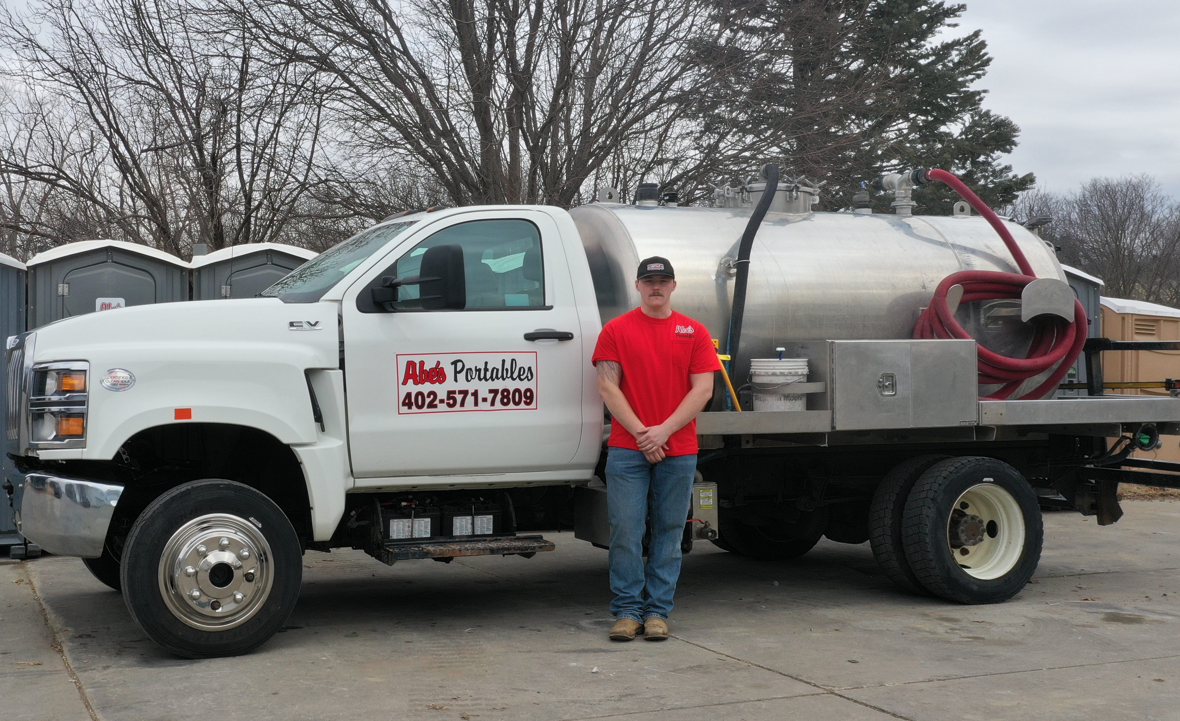 Abe's Portables service truck at a job site ready for pump-out service