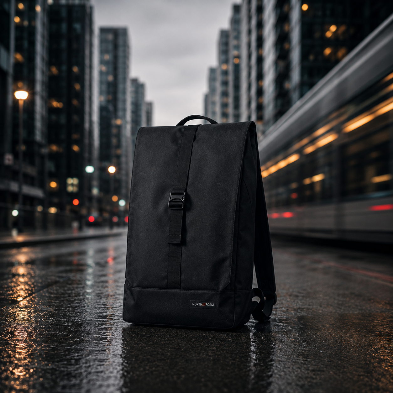 Black backpack standing on rain-soaked city street at night with motion blur from passing tram