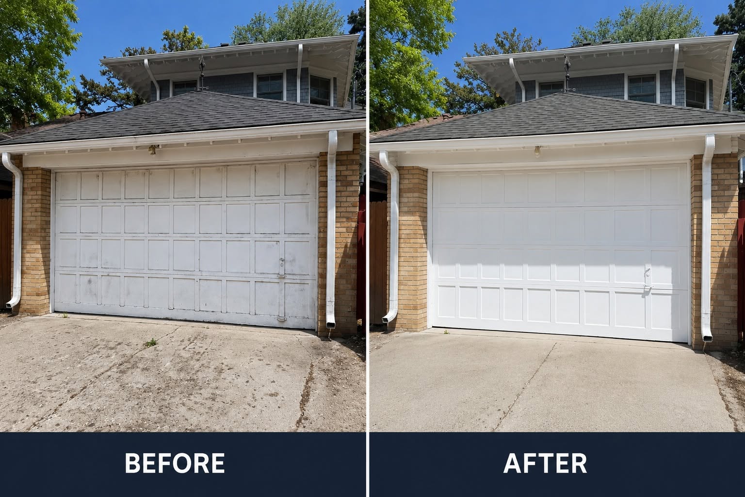 Before and after comparison of a residential garage door repainted bright crisp white