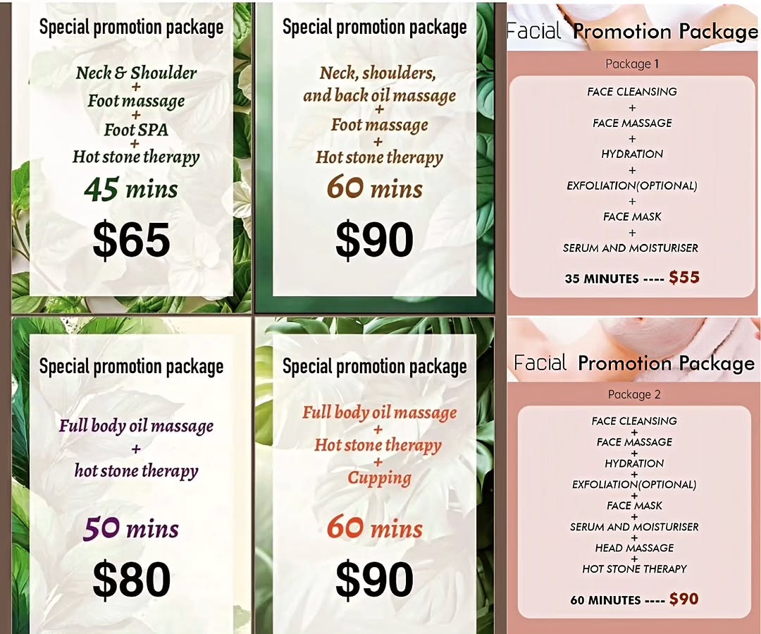 Special promotion packages showing body massage combinations including hot stone therapy