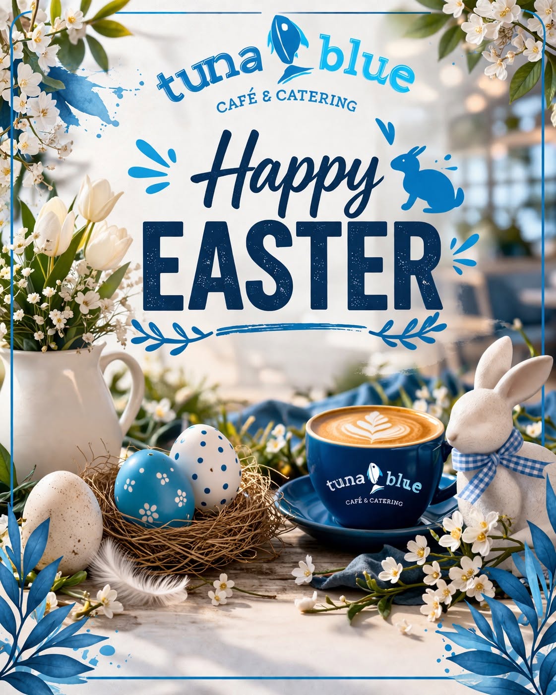 Tuna Blue branded coffee cup with Easter flowers and decorations