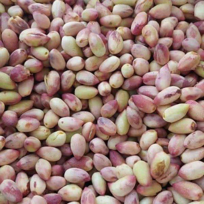 Fresh pink and beige pistachios close-up