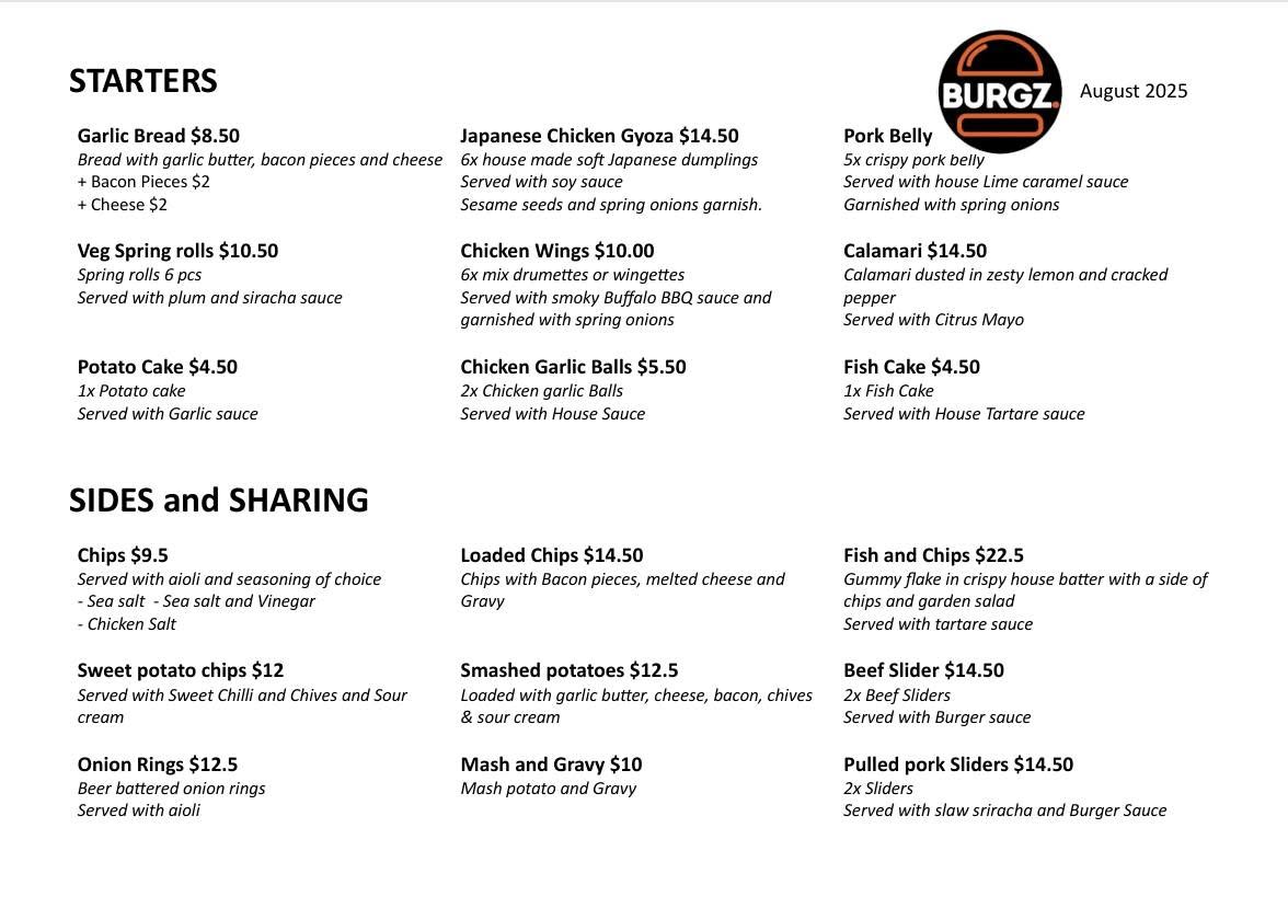 BURGZ starters, sides and sharing menu page listing options and prices