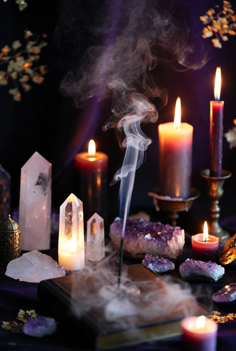Two sacred hands holding a golden energy orb surrounded by purple smoke