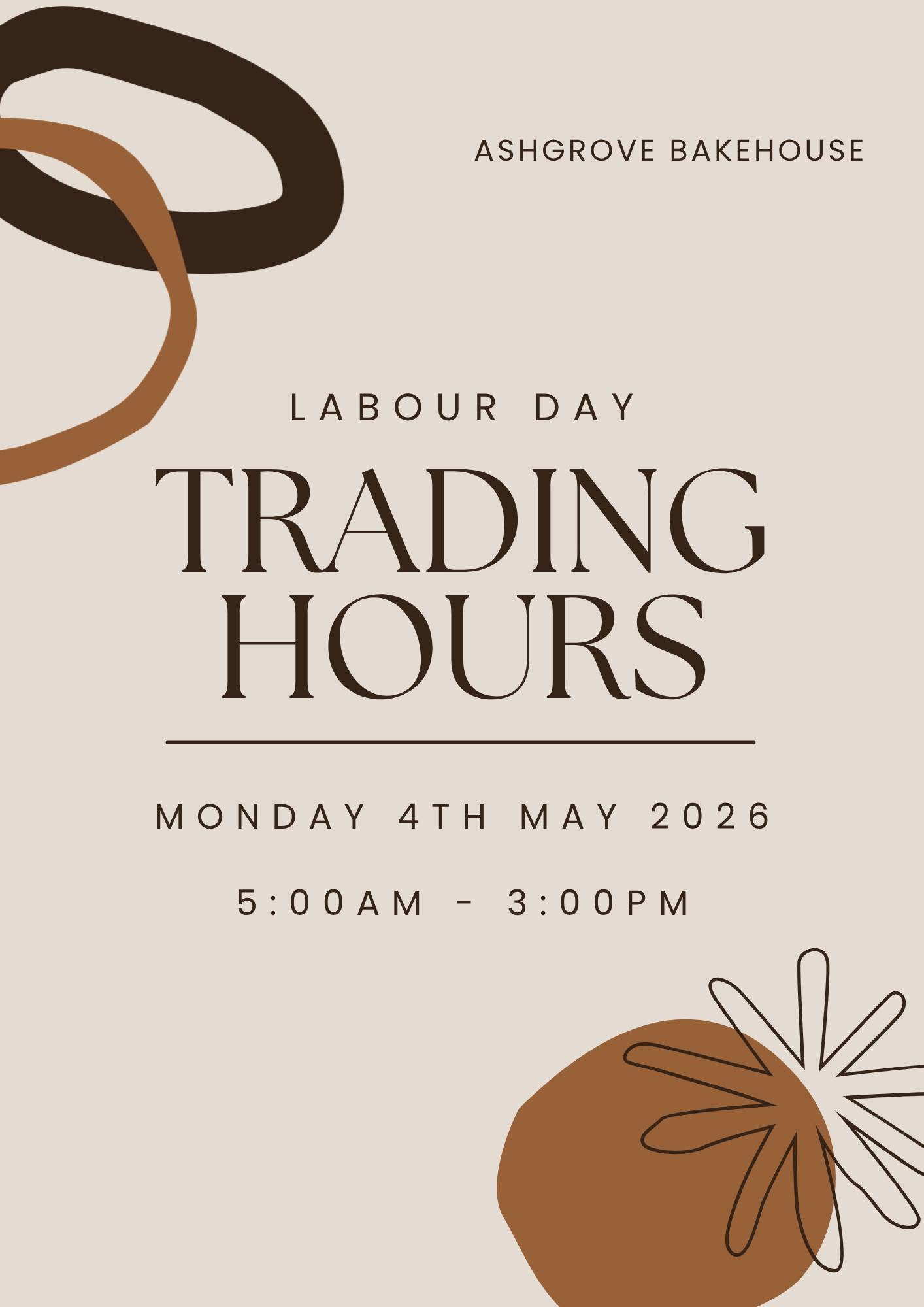 Ashgrove Bakehouse Labour Day trading hours poster — cream and brown earthy tones
