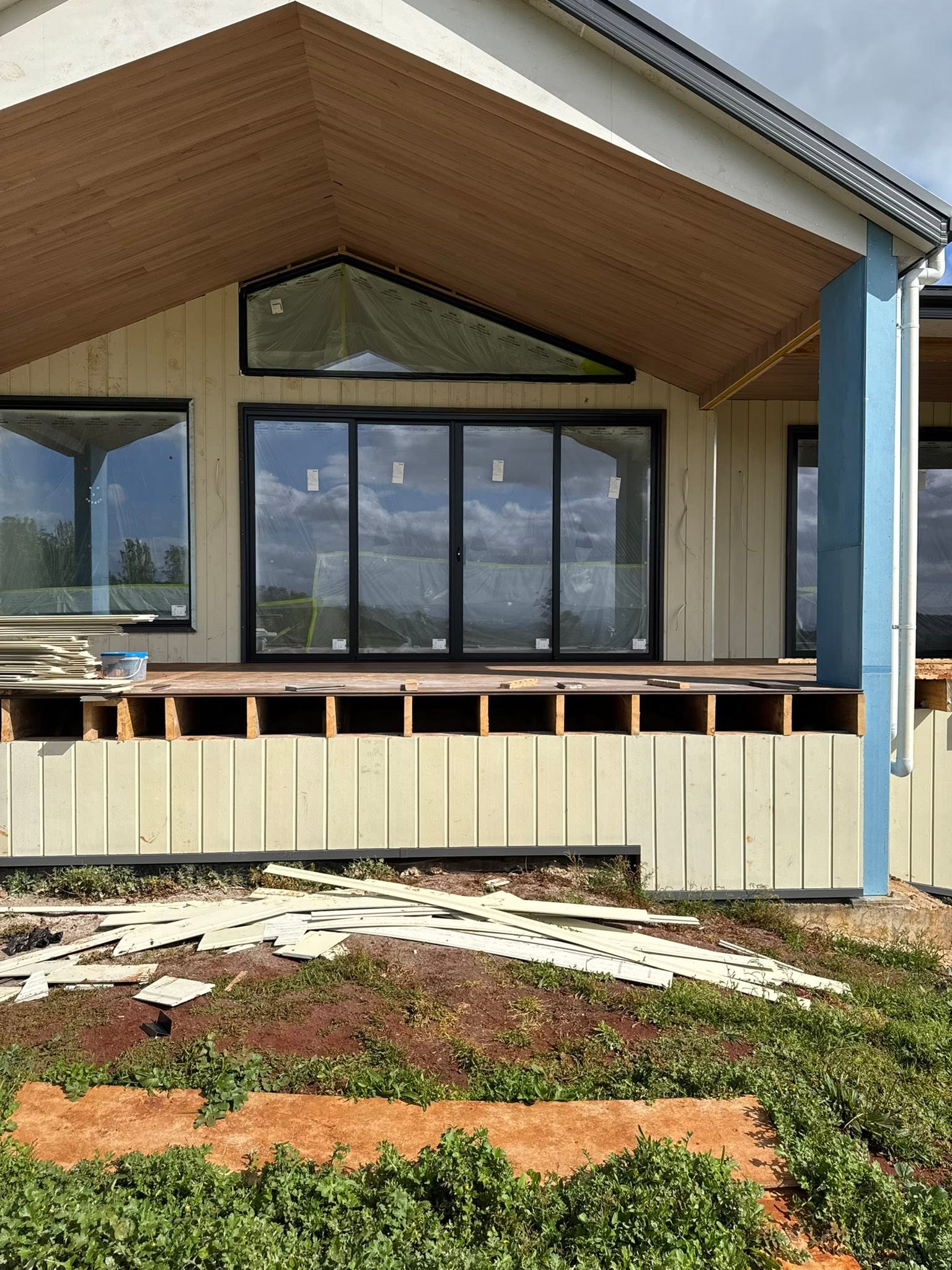 Timber lined gable and window carpentry under construction