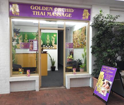 Golden Orchid Thai Massage shopfront on Prince Street Busselton with purple signage