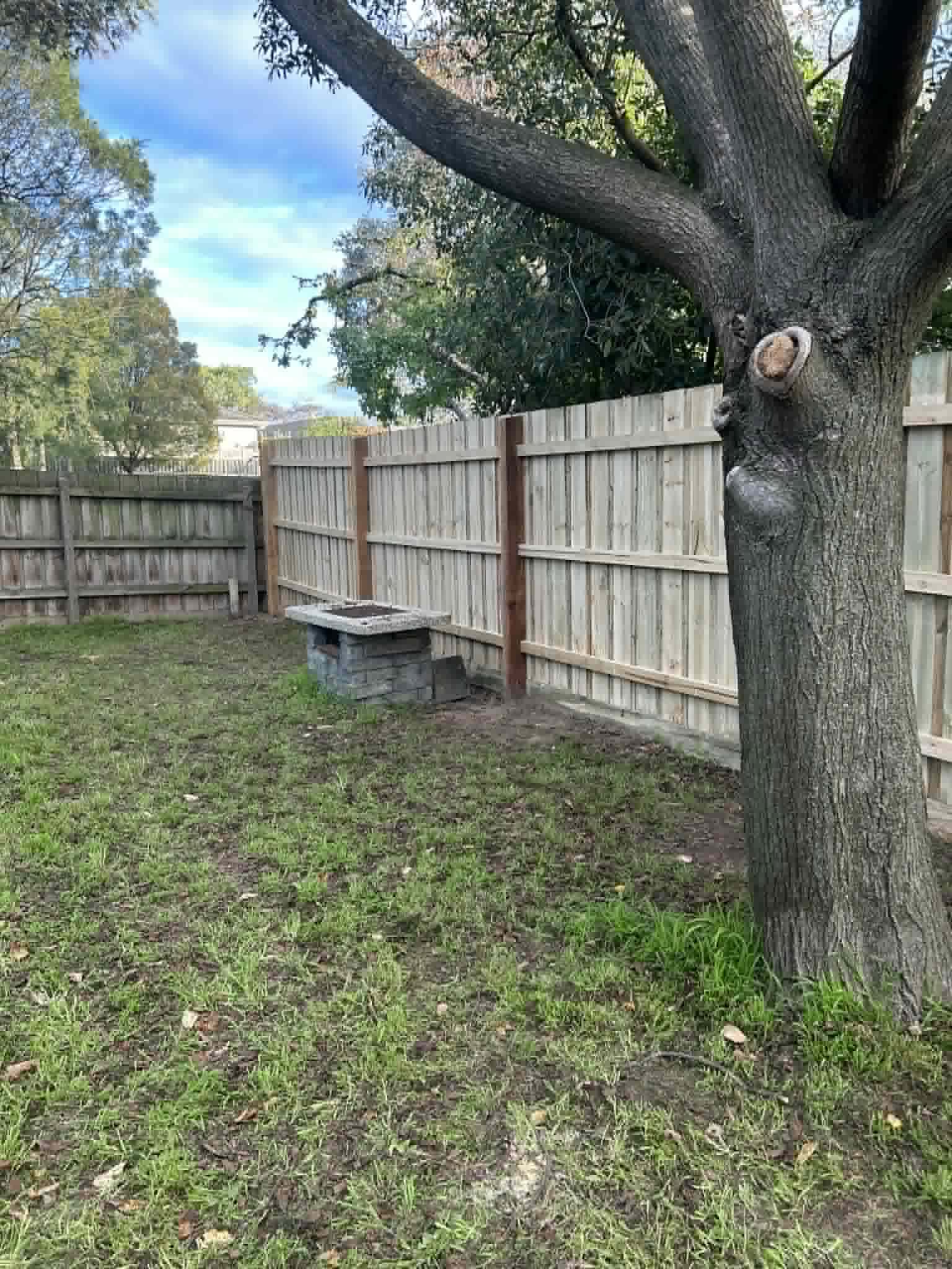 New timber paling fence with red hardwood posts installed in a residential backyard