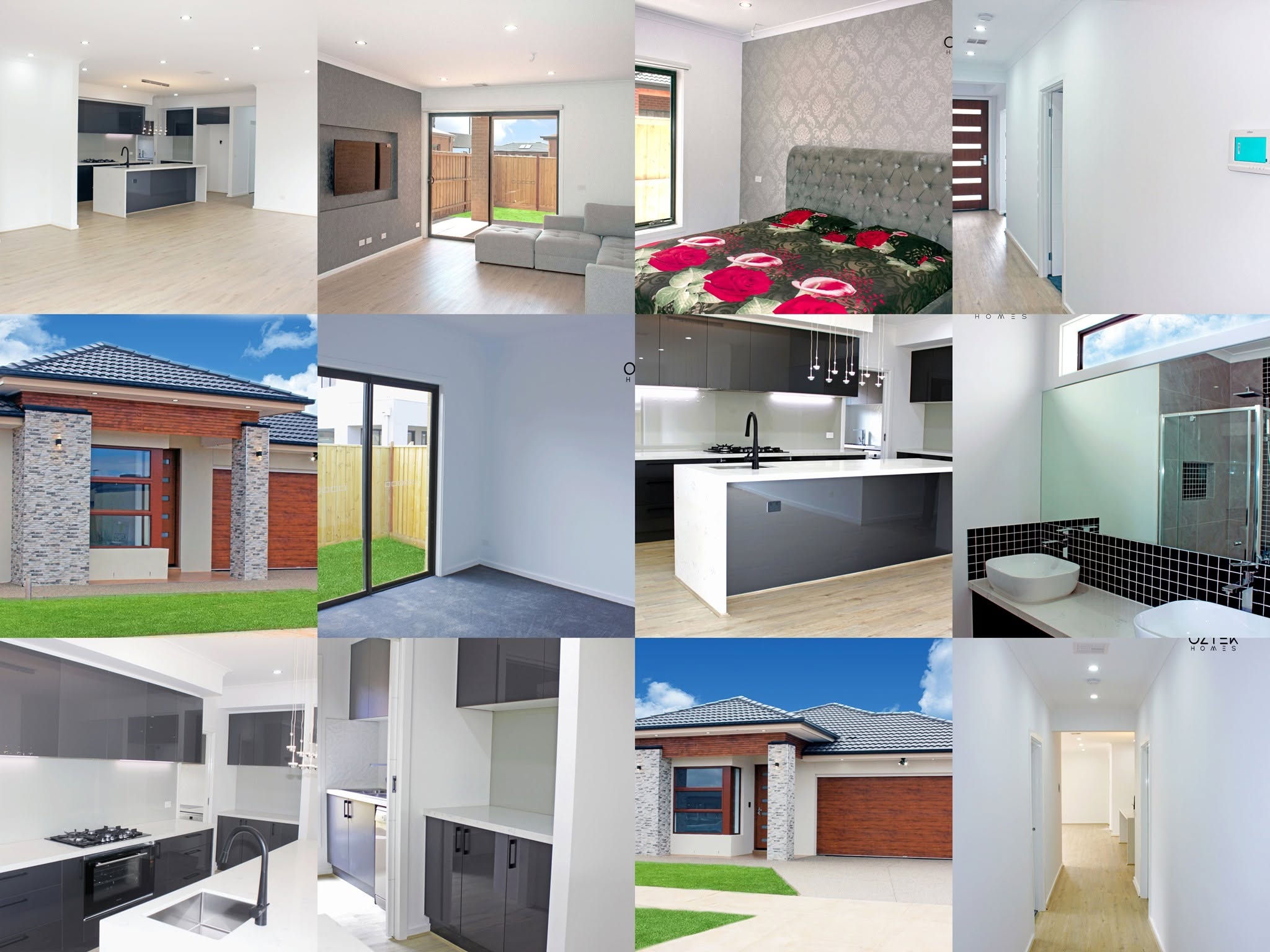 Collage of completed Oztek Homes builds including modern exteriors and premium interiors