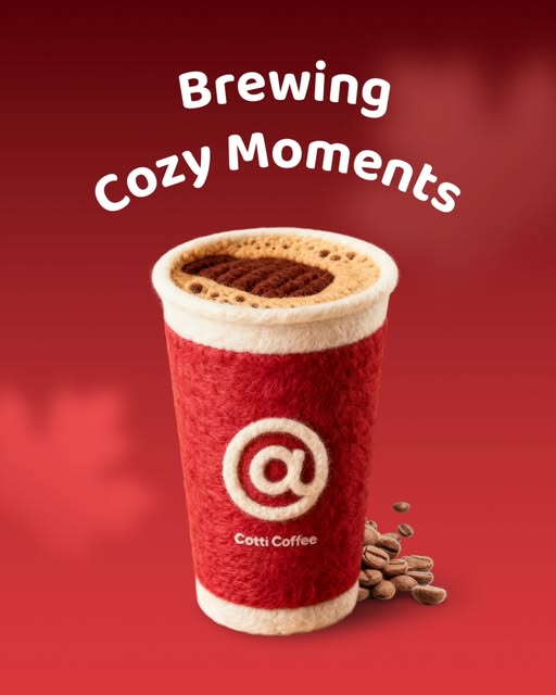 A soft woolly red Cotti Coffee cup overflowing with creamy espresso coffee
