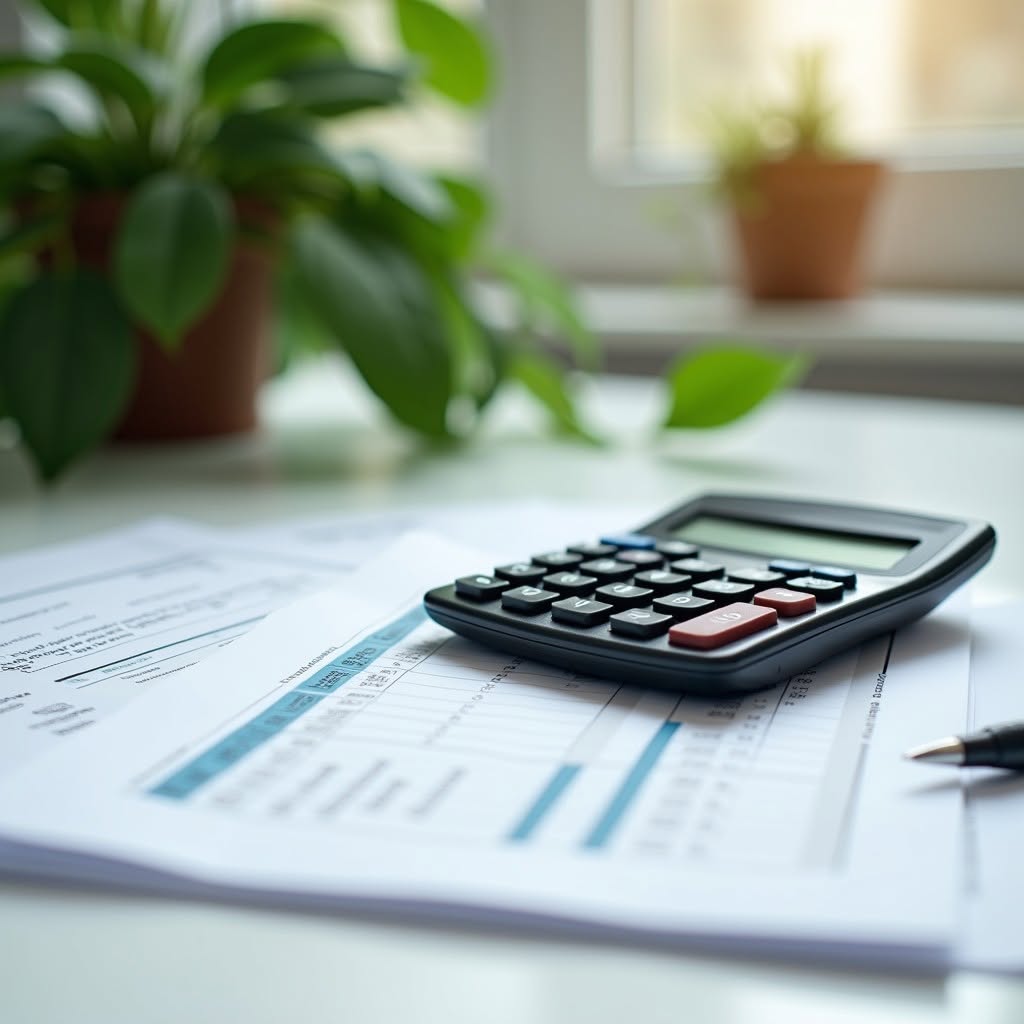 Calculator resting on financial paperwork beside a desk plant