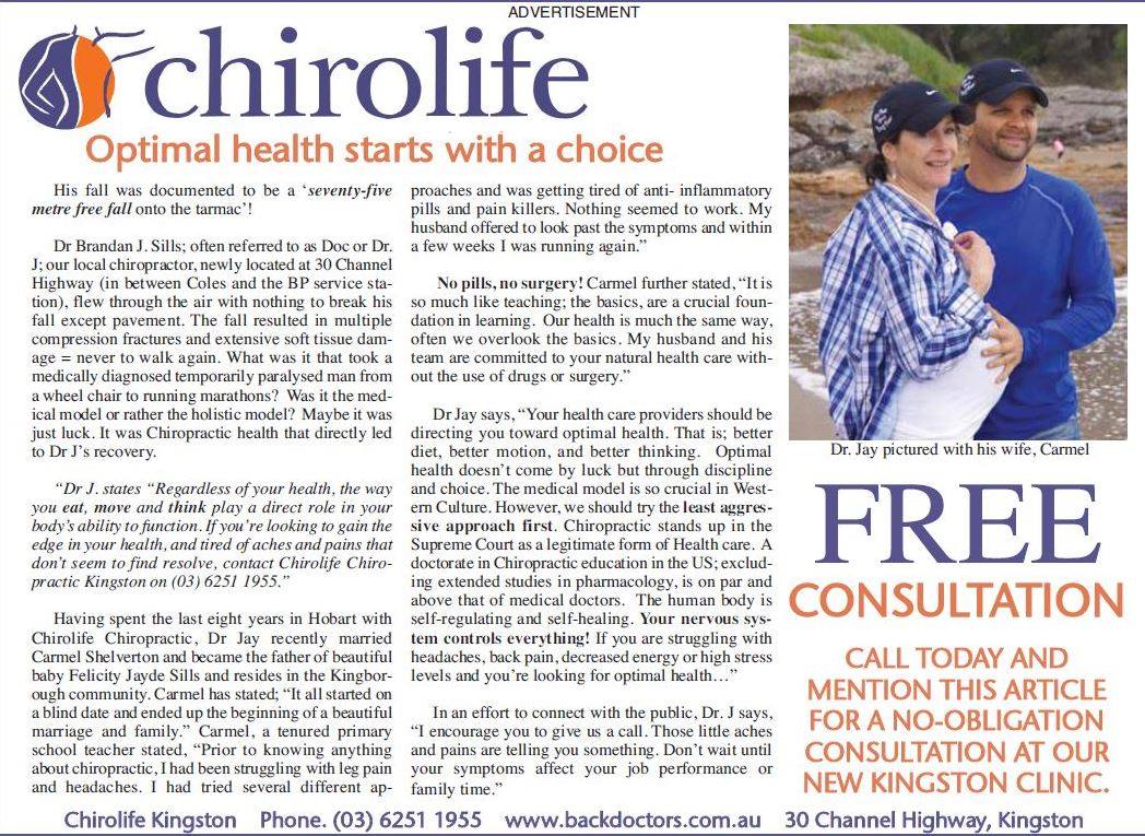 Chirolife Chiropractic Centre Kingston — newspaper feature article about the clinic and its chiropractic services
