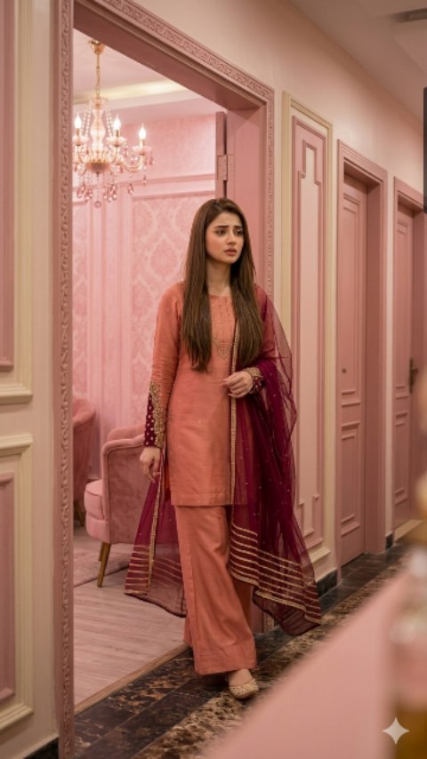 Woman in elegant traditional outfit standing in a pink ornate room