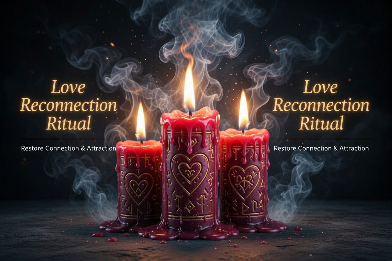 Three red heart-carved candles with gold rune symbols dripping wax with smoke and sparks