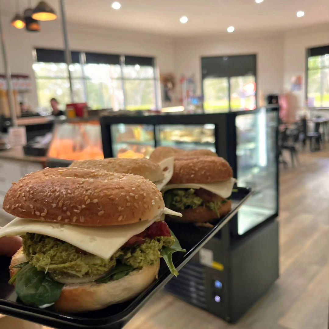 Fresh bagel sandwiches prepared at The Northshore Cafe with the cafe interior in the background