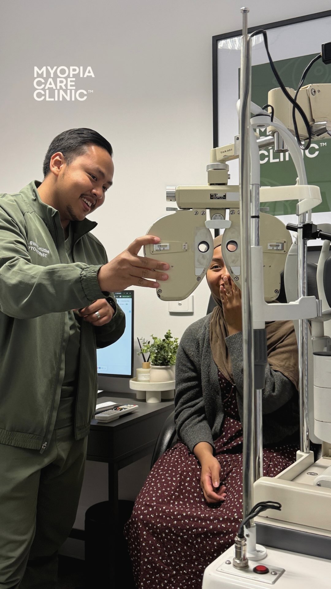 Myopia Care Clinic optometrist conducting an eye examination with a patient in the consultation room