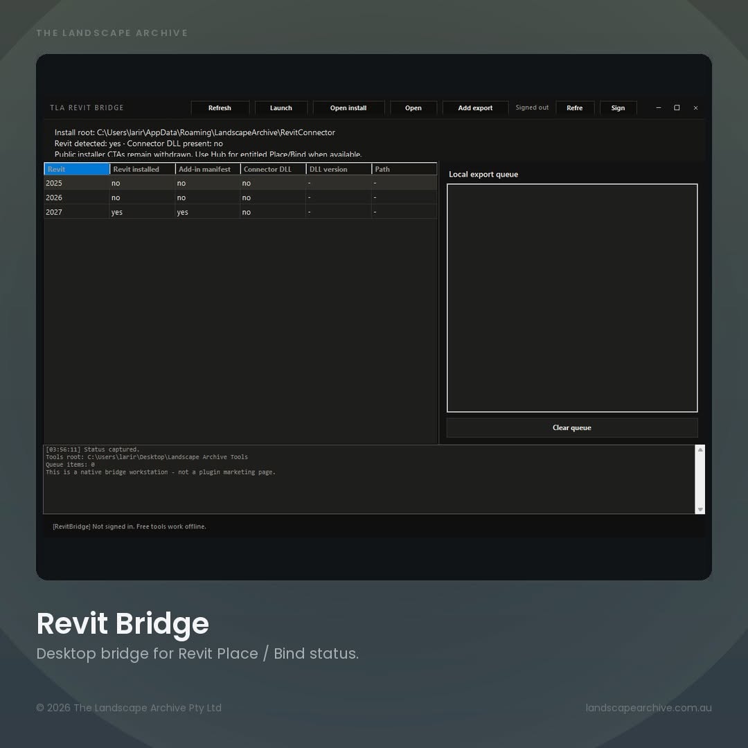Screenshot of the Landscape Archive Revit Bridge desktop application showing Revit version detection and export queue