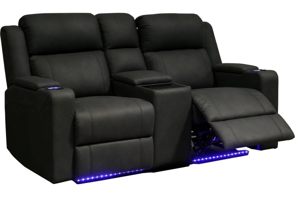 Black two-seater recliner with centre console and blue under-lighting