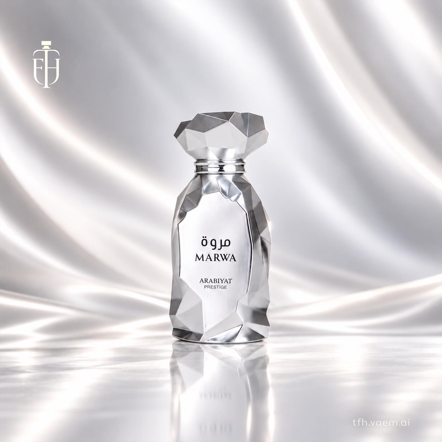 Faceted silver perfume bottle standing against flowing silver silk