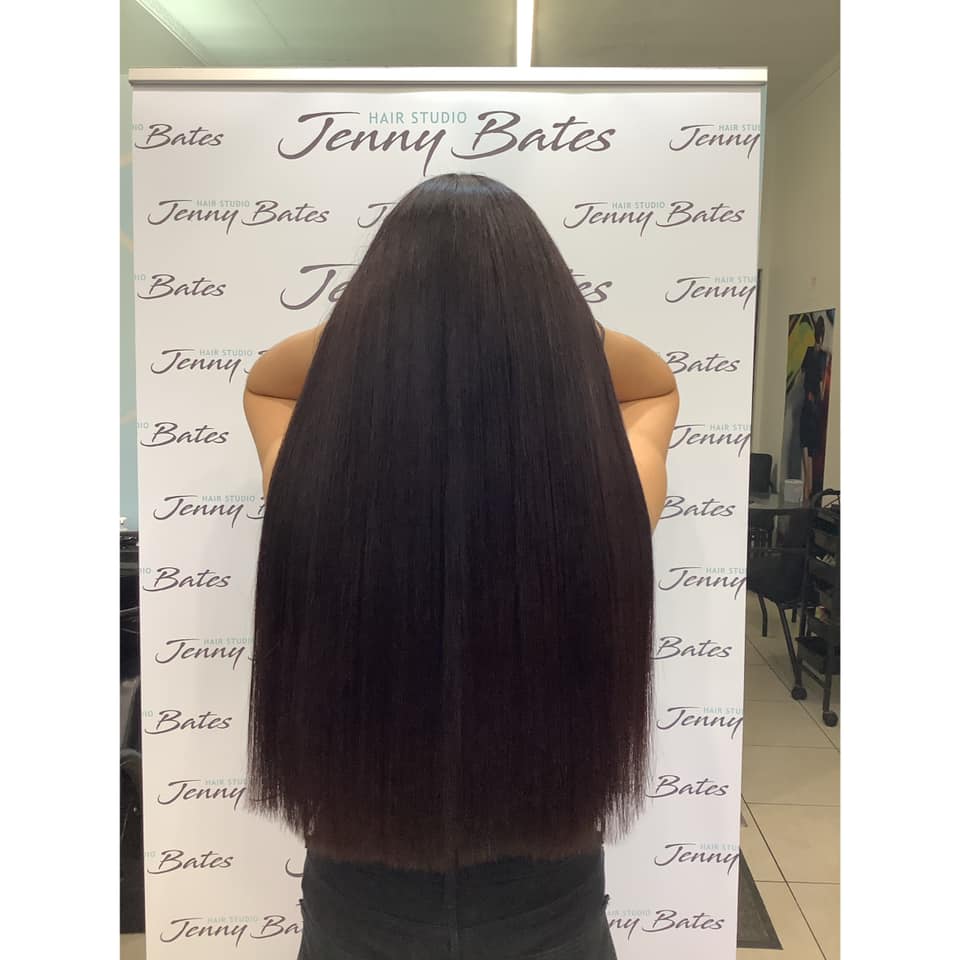 Before: long dark natural hair before keratin smoothing treatment at Jenny Bates Hair Studio