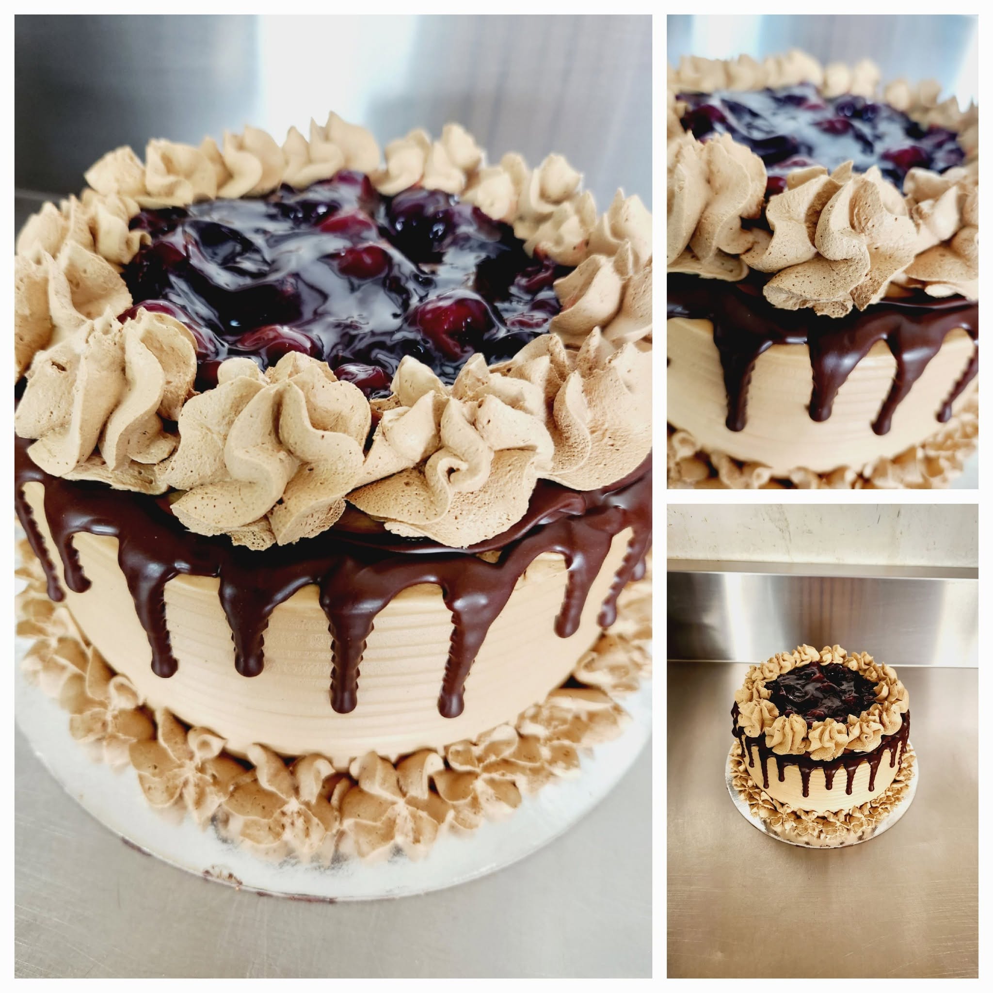 Round cake finished with piped cream rosettes, chocolate ganache drips and a glossy berry topping