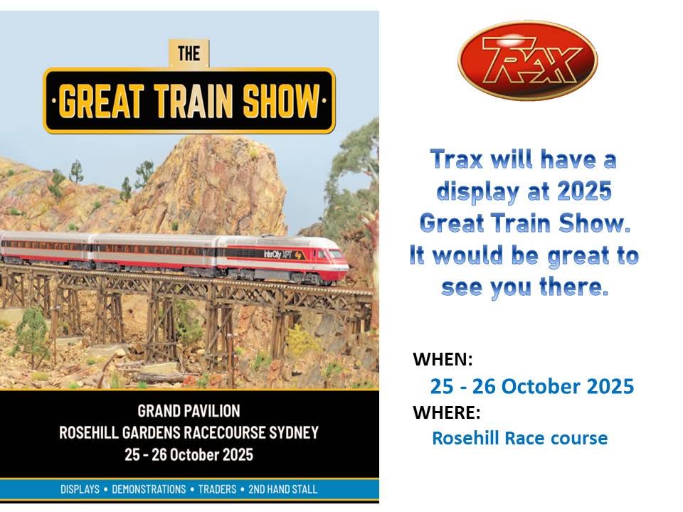 The Great Train Show at Rosehill Gardens Racecourse Sydney — Trax display at the 2025 show